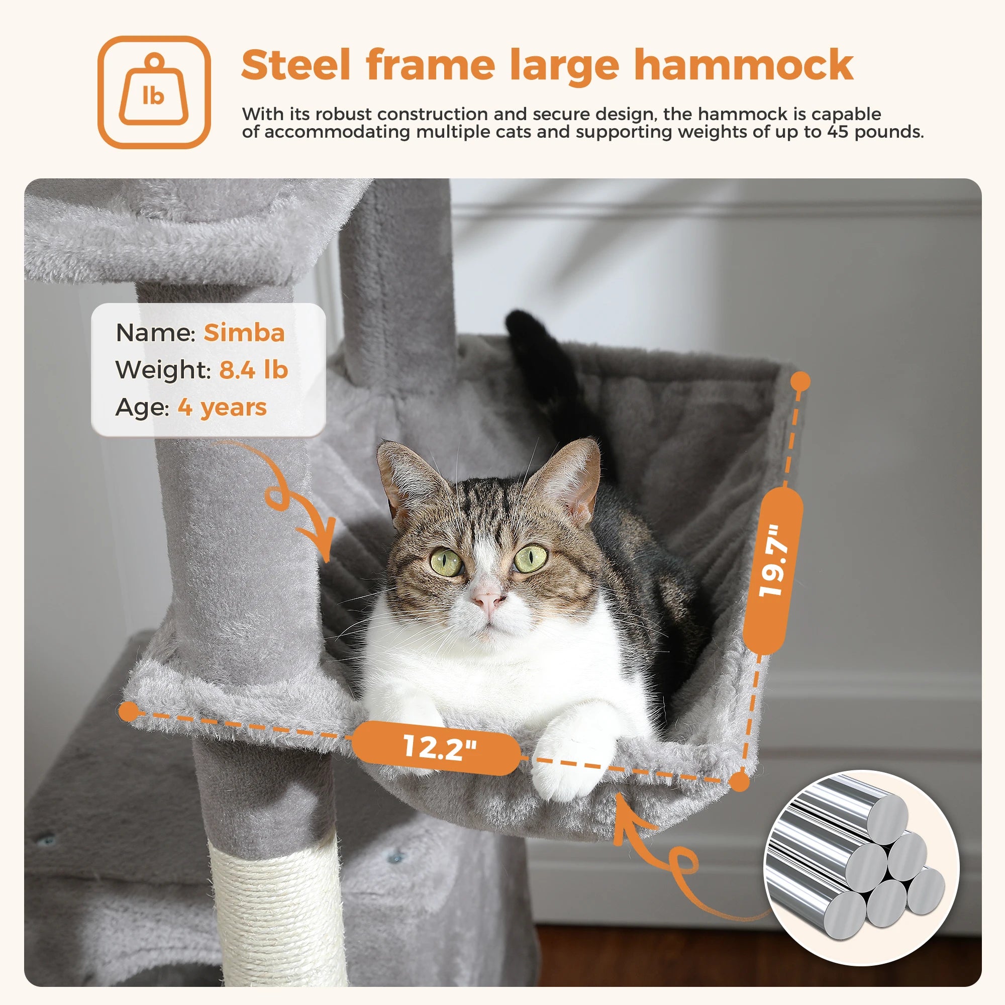 Stable&Safe Multi-Level Cat Tree Tower with Cozy Condo,Scratching Posts&Boards,Perches,Hammock,Pompoms for Active Cats,Cat Toys