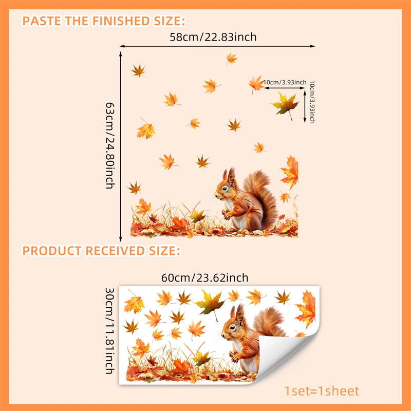 Maple Leaf Squirrel Double-sided Printed Static Window Stickers Autumn Family Thanksgiving Atmosphere Decoration Glass Stickers