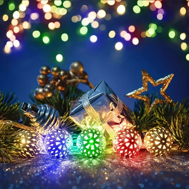 Solar Moroccan String Lights Metal Spherical Outdoor Fairy Lights for Christmas, Thanksgiving, New Year, Valentine's Day