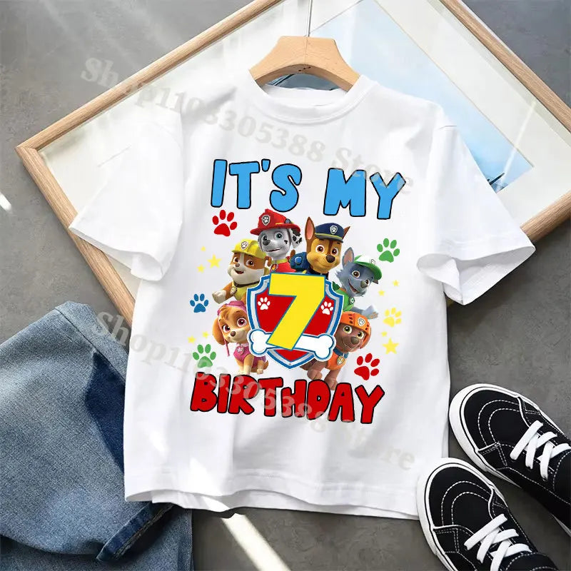 Paw Patrol Cute T-shirts for Children Cartoon Number 1-9 Printed Short Sleeved Shirt Boys Girls Summer Fashion Top Birthday Gift