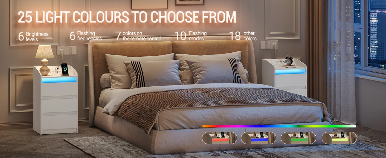 Hzuaneri Table de chevet avec 3 tiroirs, table d'appoint avec station de recharge et LED, 2 ports AC et 2 USB pour chambre à coucher, salon