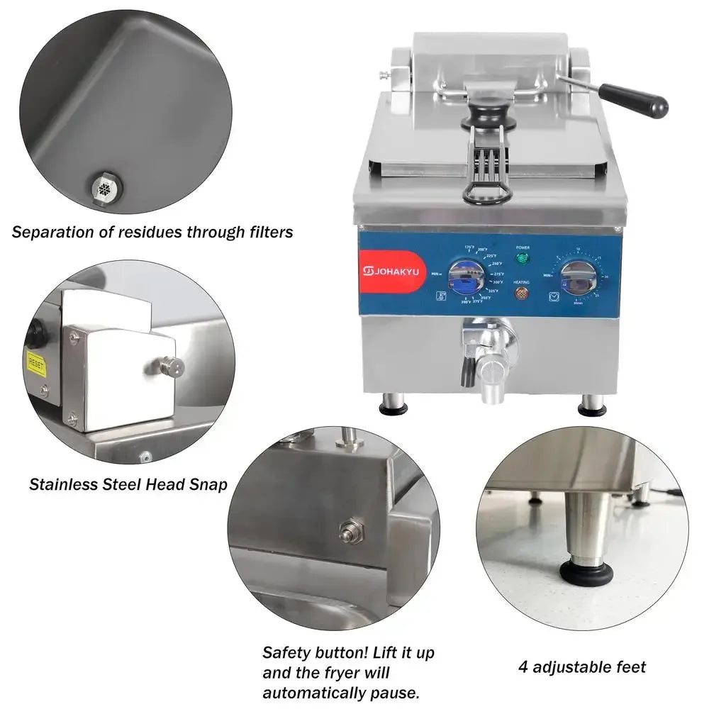 13Lbs Electric Commercial Deep Fryer Timer Drain Stainless Steel 6L Countertop Fryer Adjustable Temperature Oil Recycling