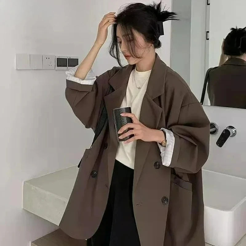 Vintage Brown Blazer Women Elegant Official Ladies Autumn Fashion Long Sleeve Oversized Chic Casual Jacket All-match Coat