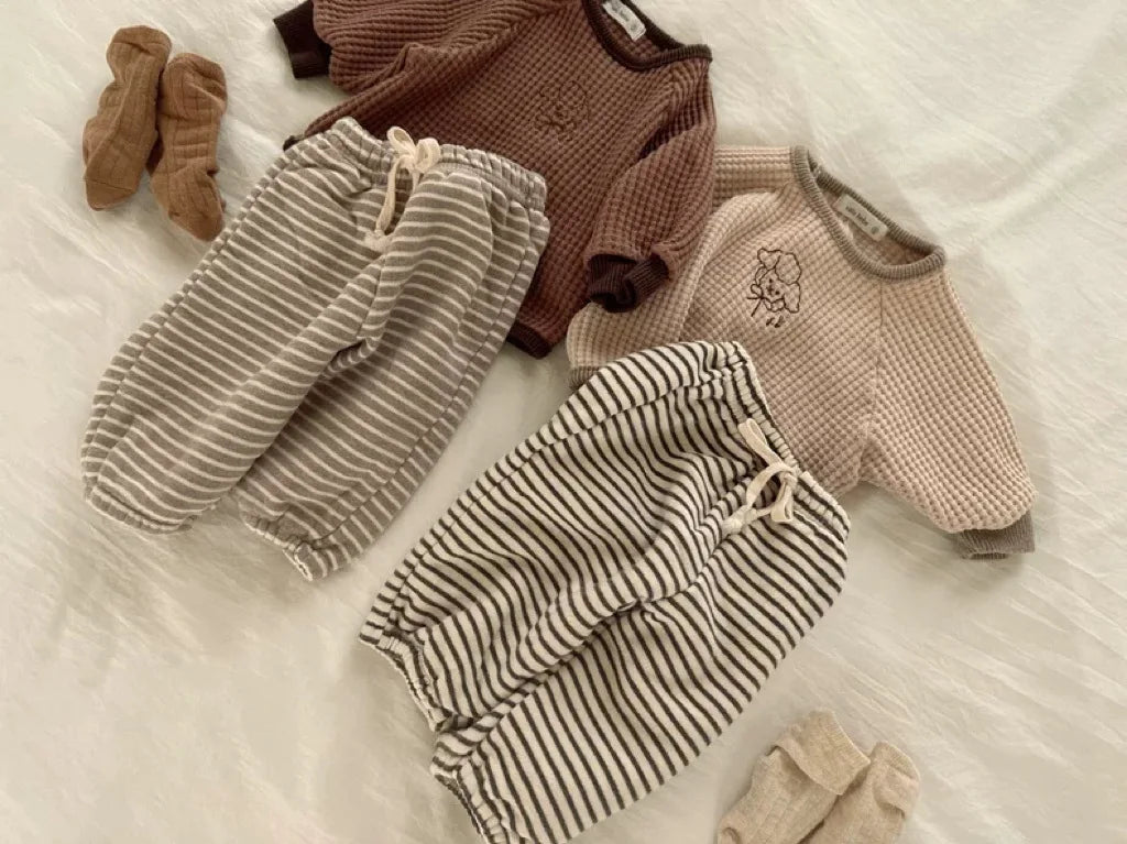 Autumn Winter Ins Infant Striped Plus Velvet Trousers Boy Baby Retro Fleece Thick Casual Pants Girl Children Warm Cotton Pants