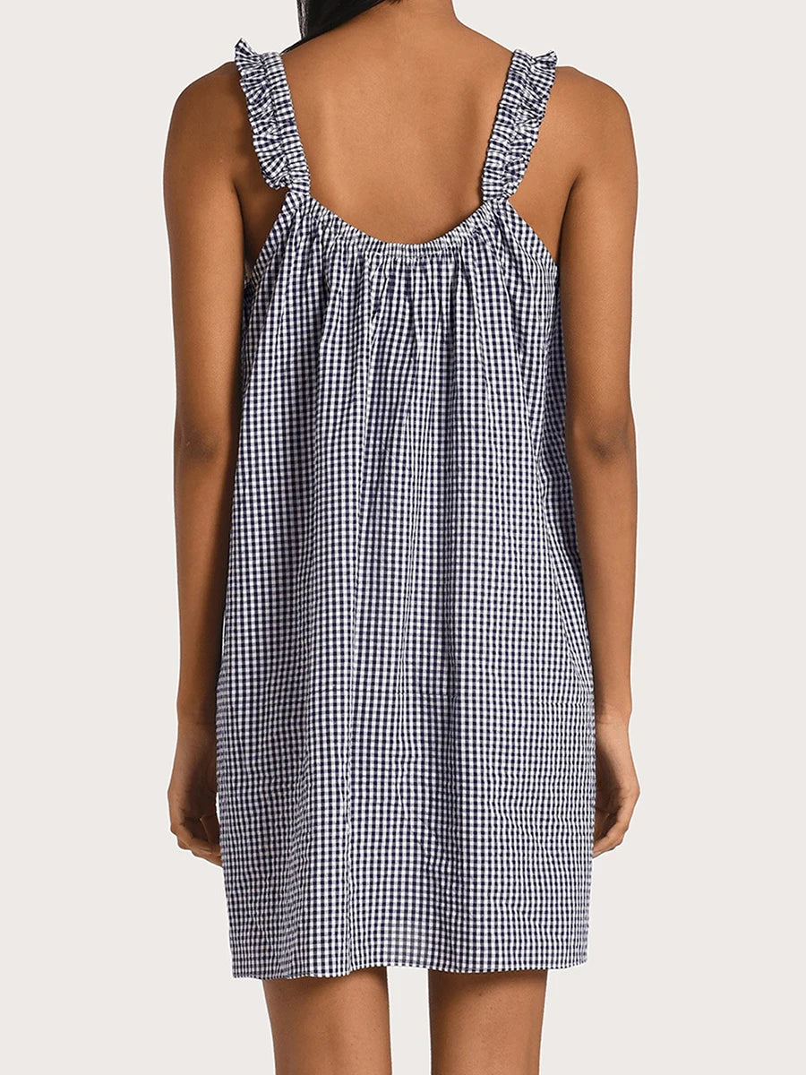 Gaono Women Summer Plaid Mini Dress Casual Y2k Gingham Spaghetti Strap Going Out Outfit Cute Flowy Swing Loose Fit Clubwear