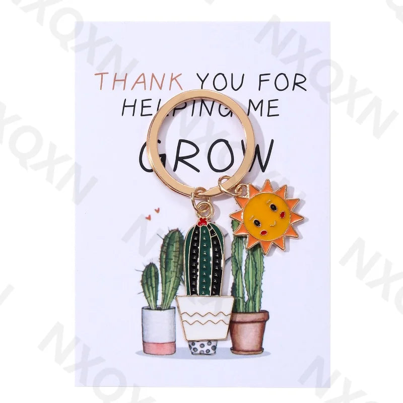 Classic Sun Smiling Face Cactus Enamel Keychain Cartoon Plant Grow Thank You For Teachers Good Gift Handmade Jewelry Set