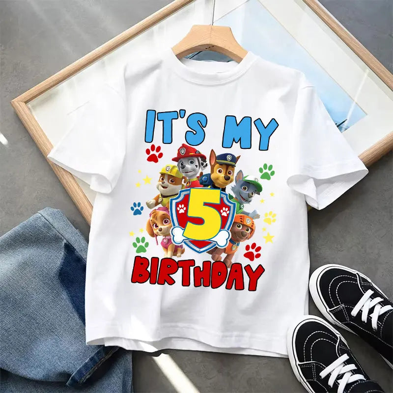 Paw Patrol Cute T-shirts for Children Cartoon Number 1-9 Printed Short Sleeved Shirt Boys Girls Summer Fashion Top Birthday Gift