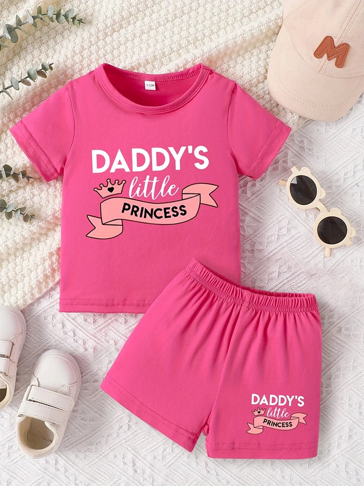 Baby girl round neck dad's little princess letter pattern short sleeved top+casual shorts set for spring and summer comfort two-