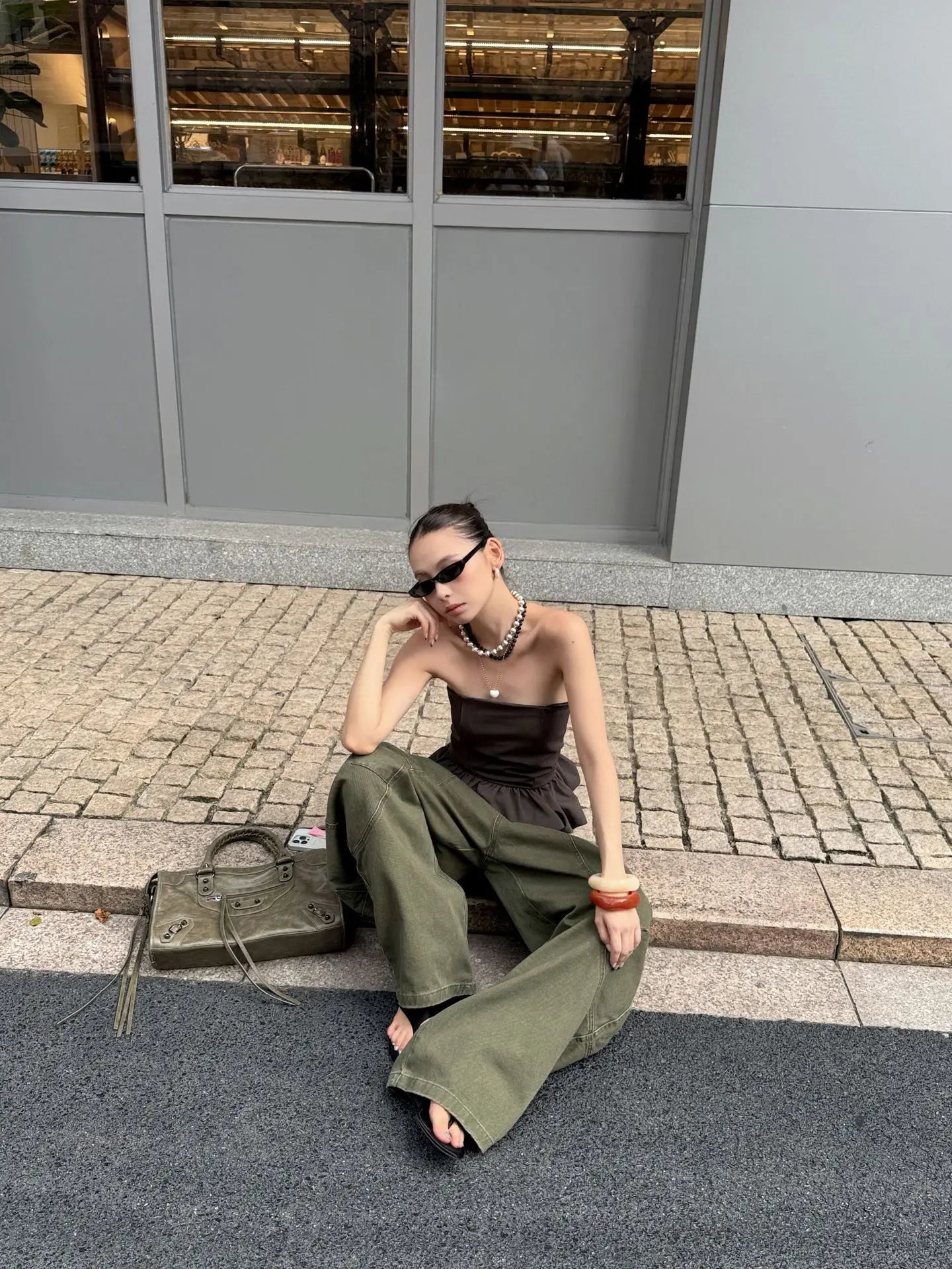 DEAT Fashion Splicing Silhouette Curved Jeans Women's High Waist Loose Wide Leg Denim Pants Autumn New 7A1005