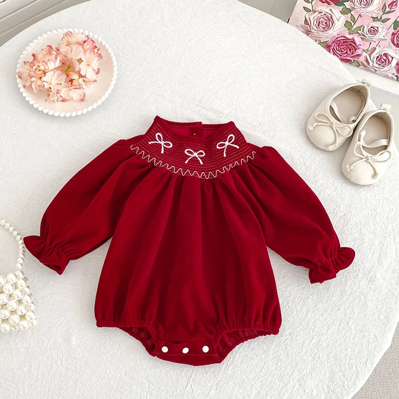 2025 Christmas 0-24M Baby Girls Jumpsuit Casual Bow Embroidered Long Sleeves Newborn Romper Christmas Party Toddler Cute Clothes