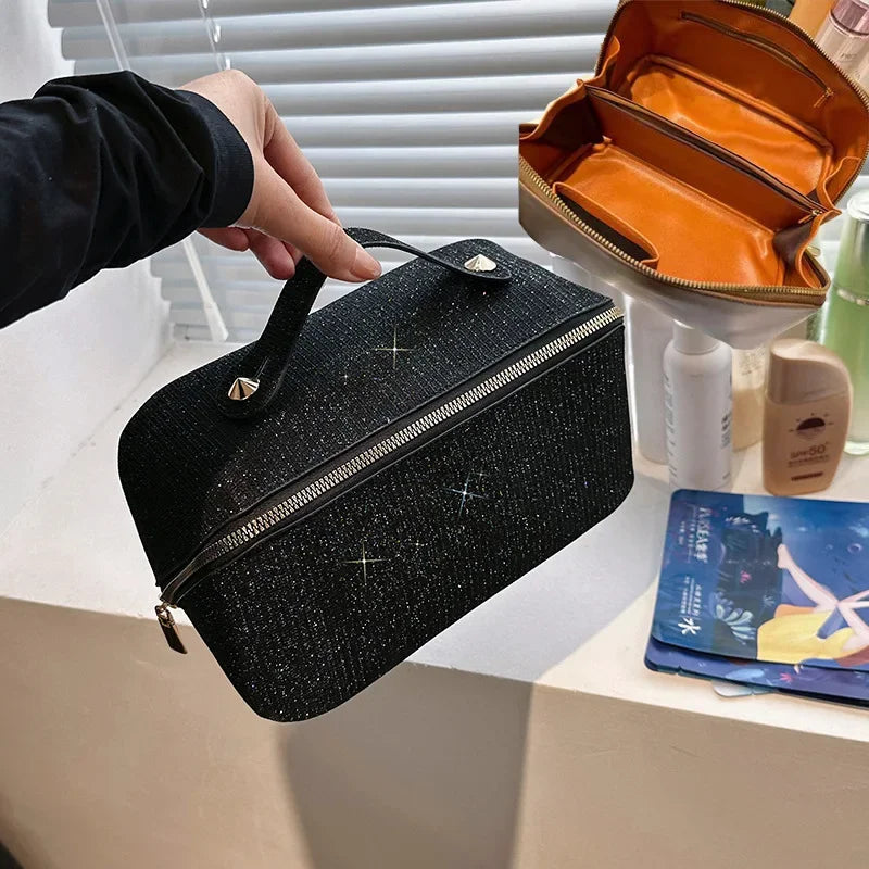 Sac à cosmétiques, grande capacité, design à paillettes fines, sac de toilette léger et pratique