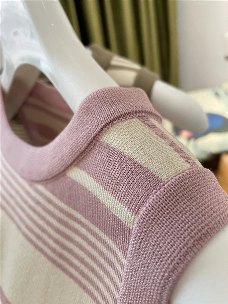 New Fashion Blocking Korean Style Crop Tops Knitted Striped Vest Women's Sleeveless Round Neck Versatile Tank Tops Ladies Basic