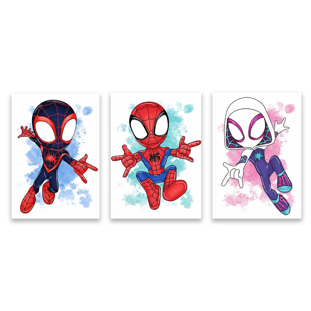 3 PCS Colorful Spidey & Friends Wall Art Poster Watercolor Splatter Art Print Boys Playroom Decor Superhero Nursery Art Canvas