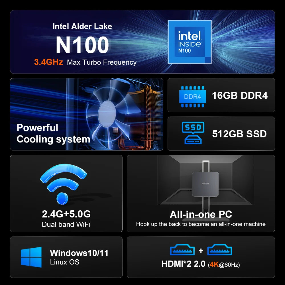 Ninkear N10 Mini PC Intel N100 up to 3.4GHz 16GB 512GB 2.4G+5G WIFI HDMI 2.0*2 Support dual-screen WIindows 11 Desktop computer