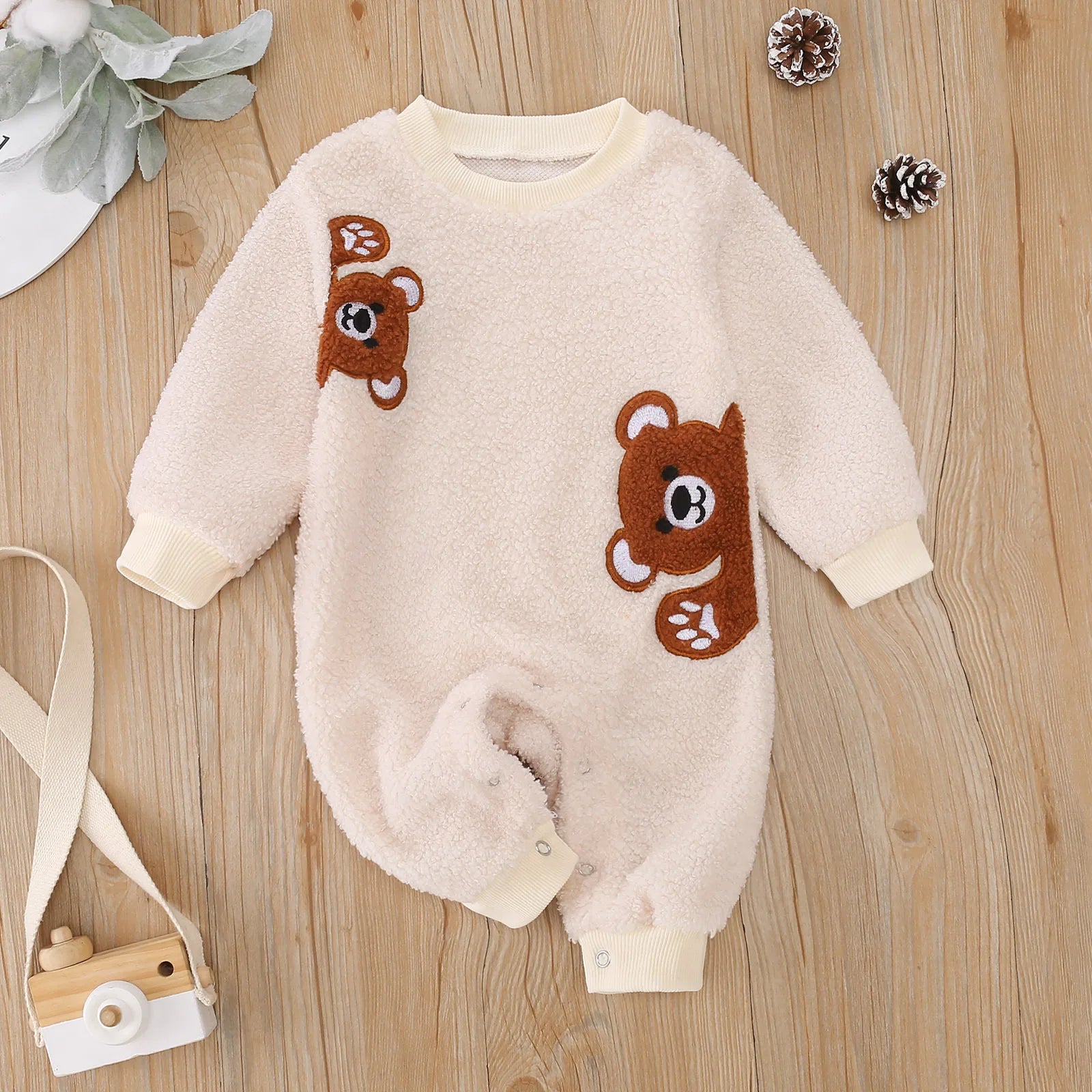 Baby Bear Embroidered Plush Onesie for Autumn Winter Comfortable Cotton Romper Suit for Infants And Toddlers