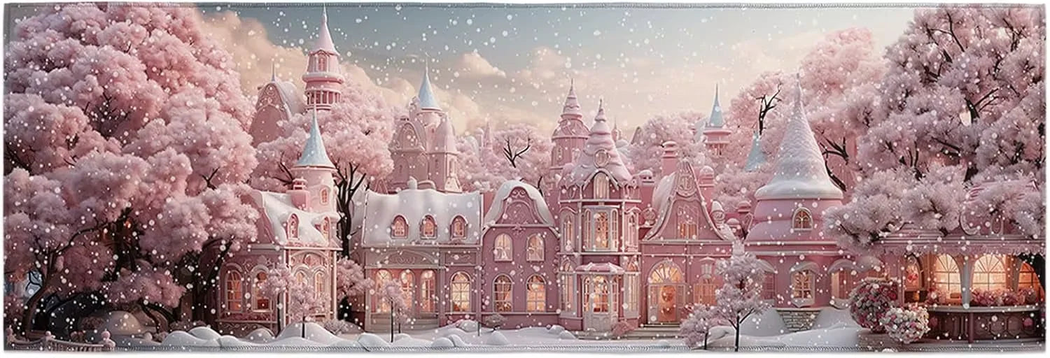 VIKAMA Christmas Pink Carpet Snowman Castle Floor Mat Living Room Carpet Bedroom Bedside Rug Soft Doormat Welcome Carpet Home De