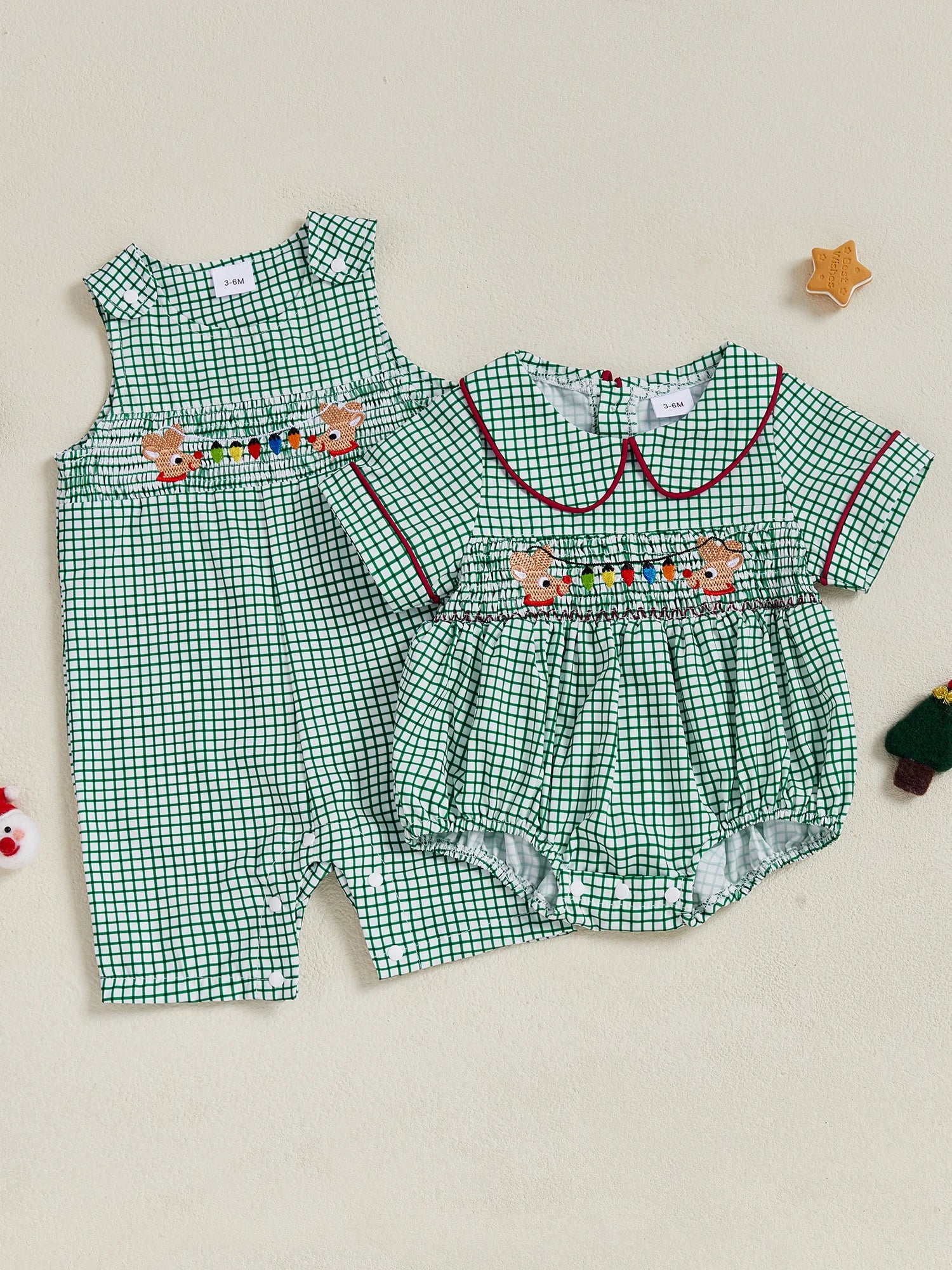 0-18M Infant Baby Girls Boys Christmas Romper Plaid Print Lamp String Embroidery Short Sleeve Doll Collar Bodysuit/Tank Jumpsuit