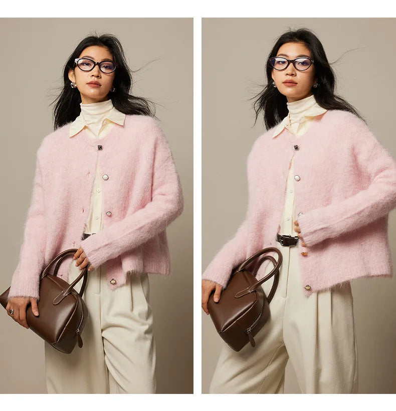 Winter Alpaca Wool Knitted Cardigan Women Soft Round Neck Single Breasted Loose Button Sweater Coat