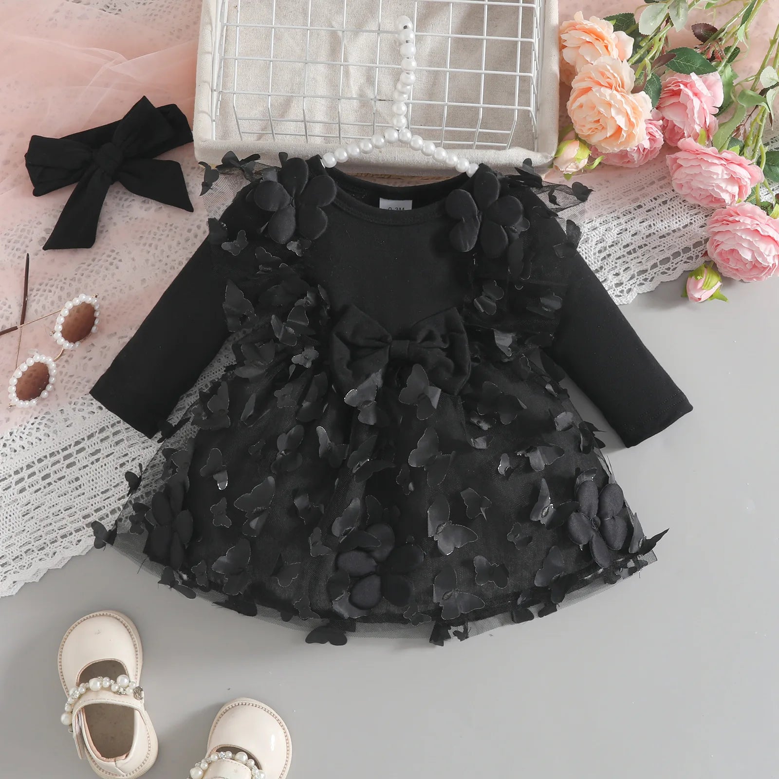 0-2Y Baby Girl Clothes 2Pcs Set Butterfly Tulle Patchwork Bow Baby Dresses for Newborn Girls and Headband Princess Party Outfit