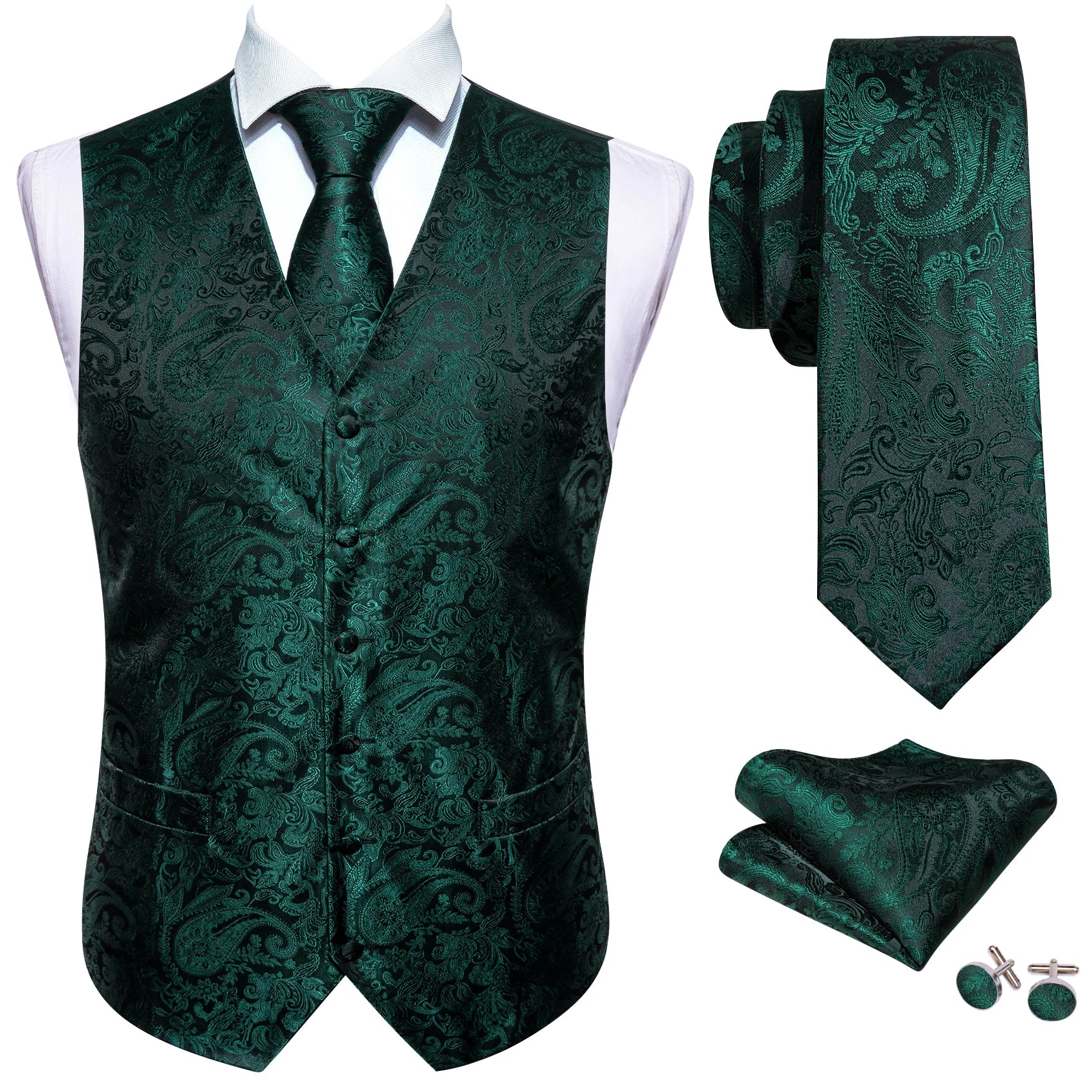 Elegant Vest for Men Silk Green Paisley Plaid Flower Slim Fit Male Suit Embroidered Waistcoat Dress Formal Jacket Barry Wang