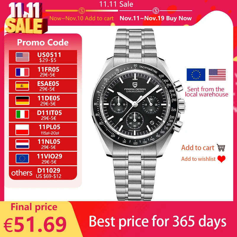 PAGANI DESIGN 2025 New Men's Watches Top Luxury Quartz Watch For Men Auto Date Speed Chronograph AR Sapphire Mirror Wrist watch