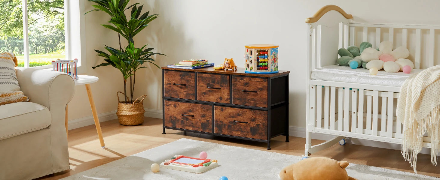 JHK salon vitrine couches avec 5 tiroirs en tissu armoire cadre en acier assemblage placard pour vêtements rangement commode