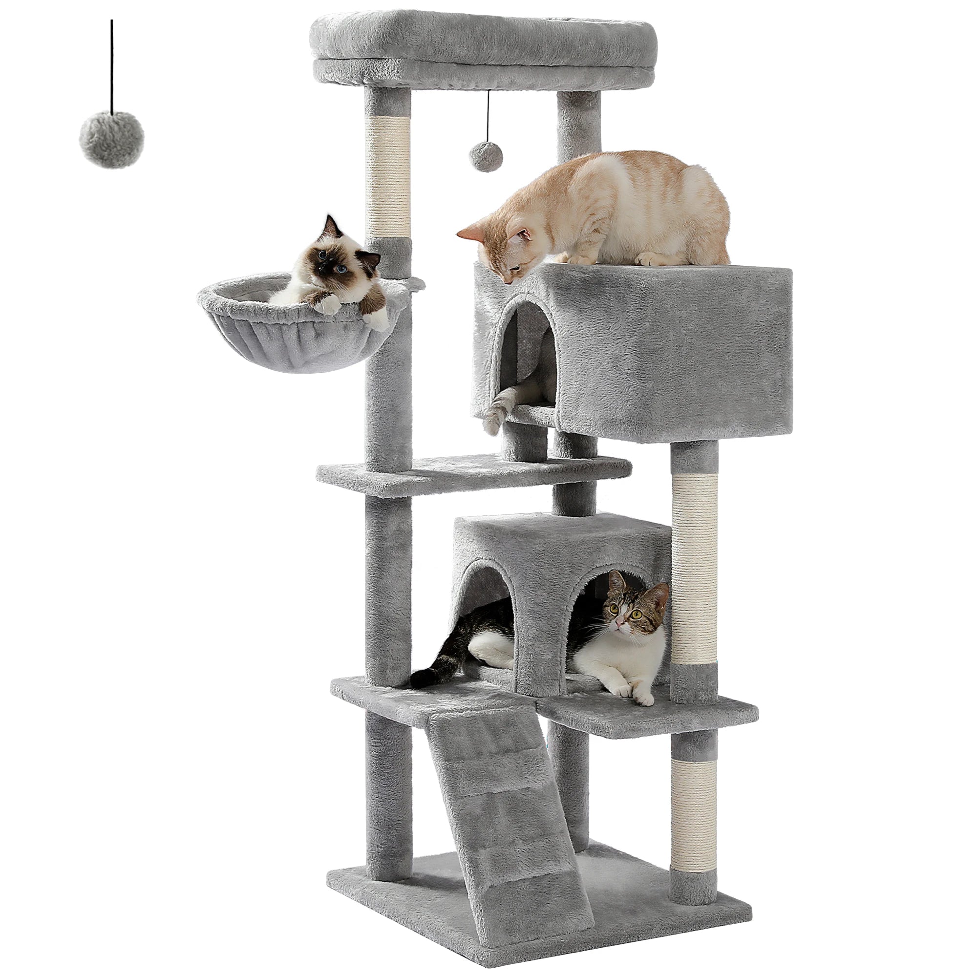 Stable&Safe Multi-Level Cat Tree Tower with Cozy Condo,Scratching Posts&Boards,Perches,Hammock,Pompoms for Active Cats,Cat Toys