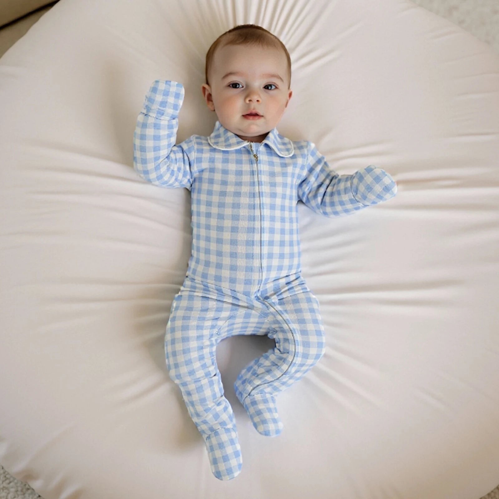 Pudcoco Infant Newborn Baby Fall Romper Plaid Print Doll Collar Long Sleeve Zip Up Footed Jumpsuit 0-6M