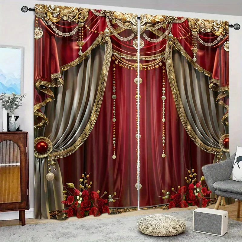 2pcs Red false background printed curtains, pole bag curtains 30*65, bedroom and living room, room decoration, home decoration