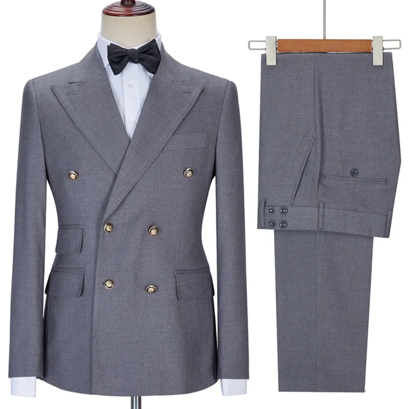 Men Suit 2 Pieces Beige Double Breasted Solid Color For Business Casual Wedding Groom Banquet Work Tuxedo Set Jacket With Pants