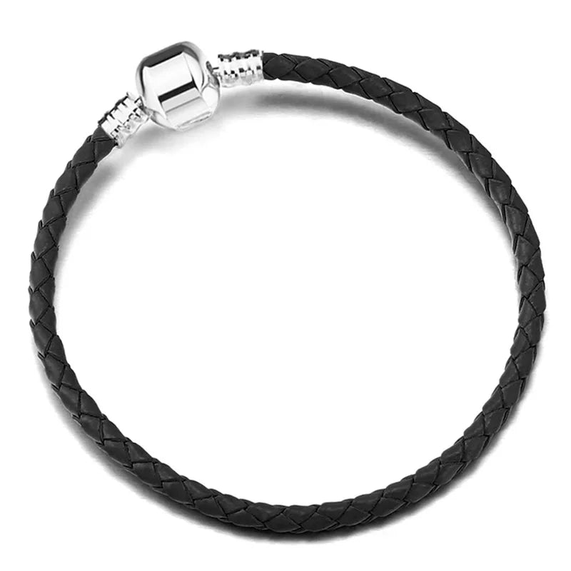 Original 925% sterling silver fashionable leather heart-shaped circular buckle charm bracelet for women DIY jewelry special gift