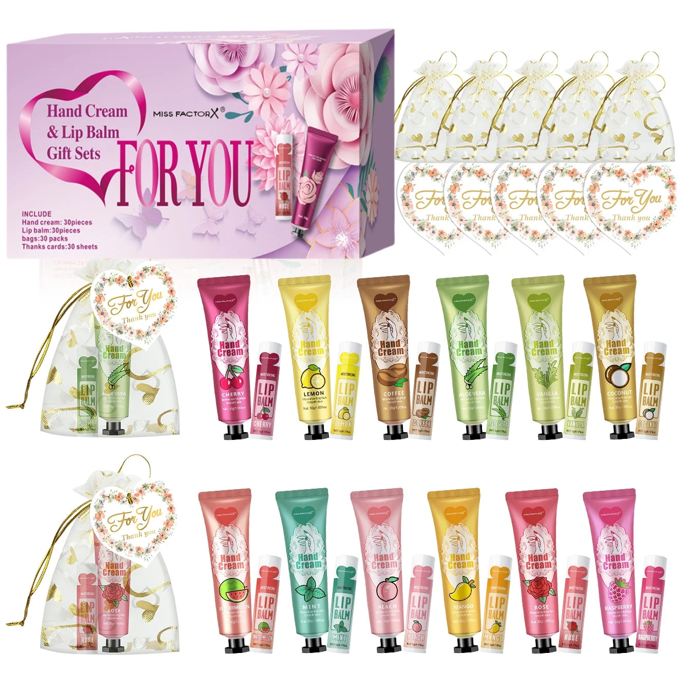Gift set 30 sets/box hand cream and lip balm set for guests bridal wedding gift with love mesh bag and thank you card