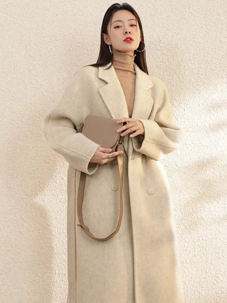High Grade Gray Double-Sided Cashmere Coat For Women In Autumn And Winter With Hand Sewn Lapel And Double Breasted Long Coat