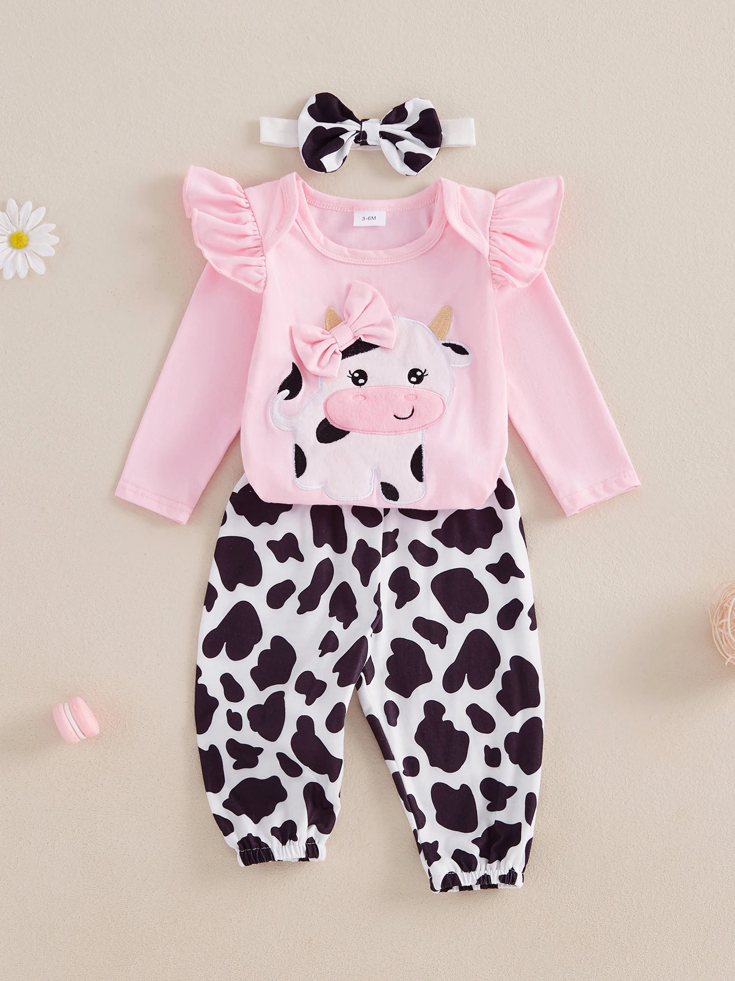 Baby Girl Fall Outfits Cow Embroidery Long Sleeve Romper Long Pants Headband 3Pcs Clothes Set