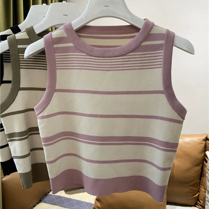 New Fashion Blocking Korean Style Crop Tops Knitted Striped Vest Women's Sleeveless Round Neck Versatile Tank Tops Ladies Basic