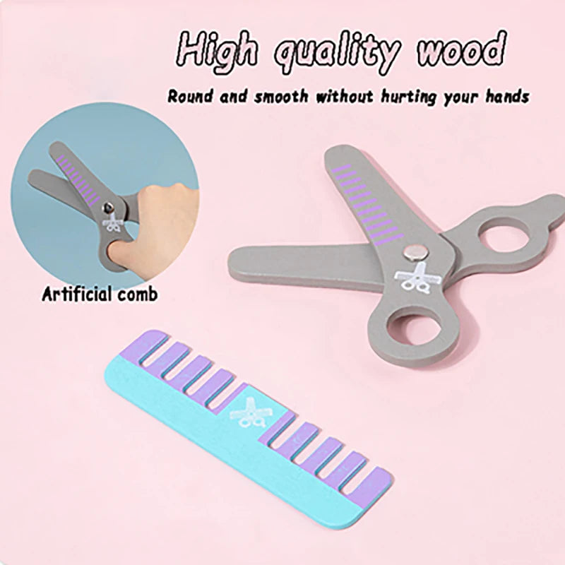 Kids Wooden Makeup Haircut Toy Beauty Fashion Salon Playset Games Combs Hair Dryer Pretend Play House Barber Makeup Kit Girl Toy