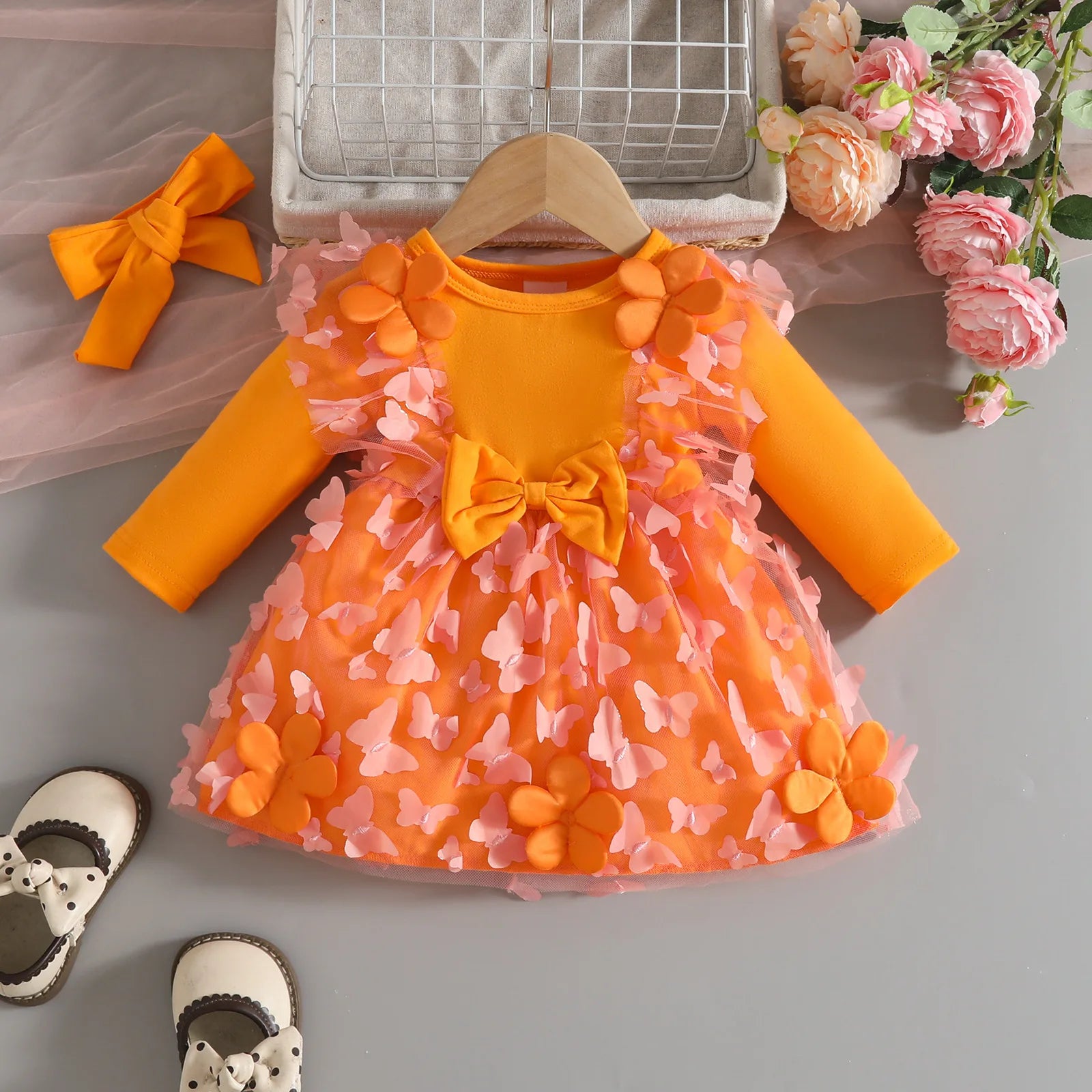 0-2Y Baby Girl Clothes 2Pcs Set Butterfly Tulle Patchwork Bow Baby Dresses for Newborn Girls and Headband Princess Party Outfit