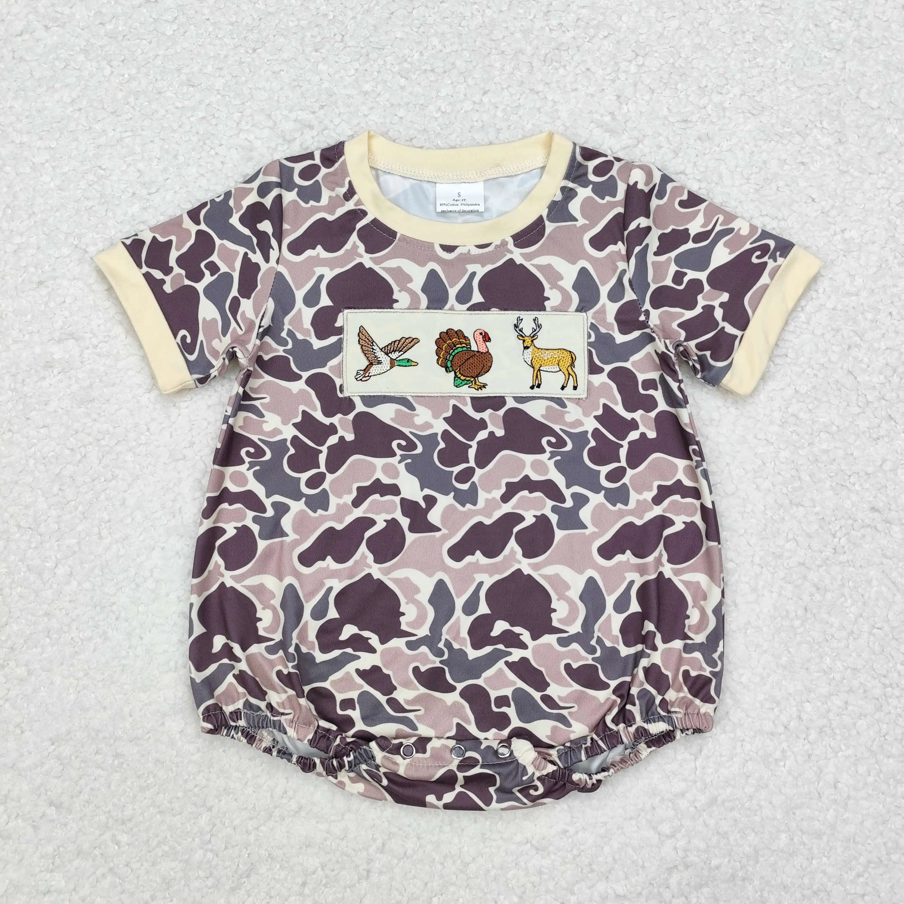 Wholesale Kids Children Short Sleeves Onesie Newborn Toddler Cotton Embroidery Baby Infant Boys Hunting Deer Duck Dog Rompers