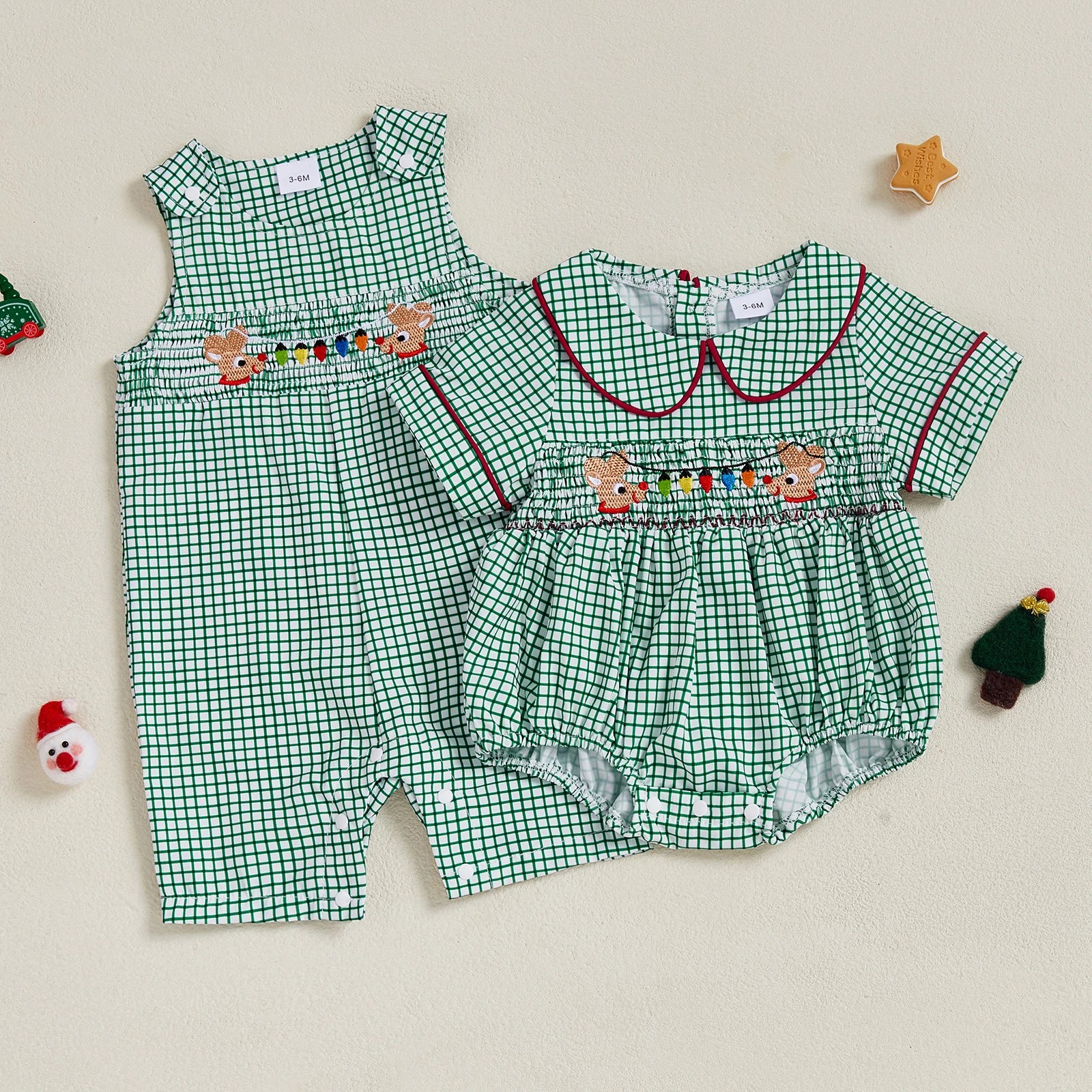 0-18M Infant Baby Girls Boys Christmas Romper Plaid Print Lamp String Embroidery Short Sleeve Doll Collar Bodysuit/Tank Jumpsuit