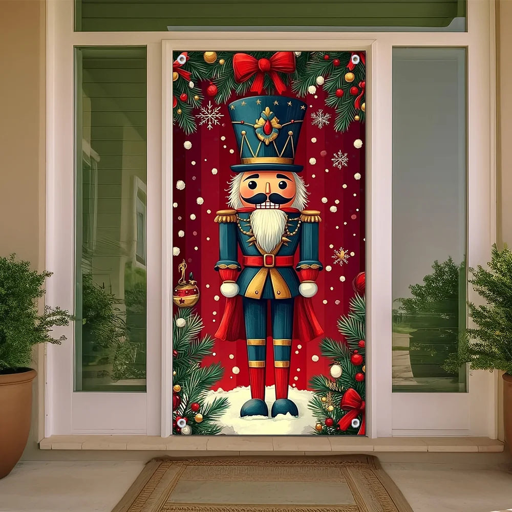 1 piece, festive walnut tongs Christmas door banner, red with gold accents, snowflake and pine tree design