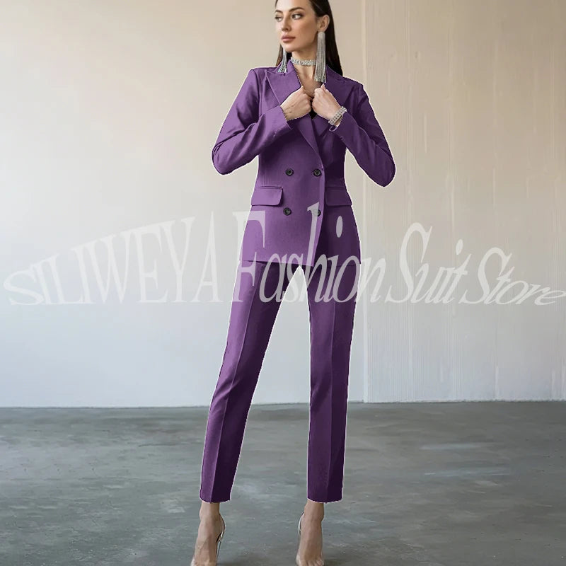 Fashion Chic Burgundy Red Purple Women Suit Double Breasted 2 Piece Jacket Pants Blazer Set Slim Fit Office Lady Female Clothing