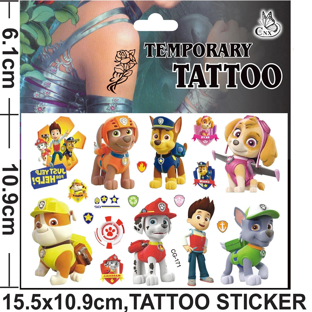 Cute Paw Patrol Toys Tattoo Stickers Anime Pet Dog Model Doll Chase Marshall Rocky Cartoon Children Fake Temporary Tattoos Gifts