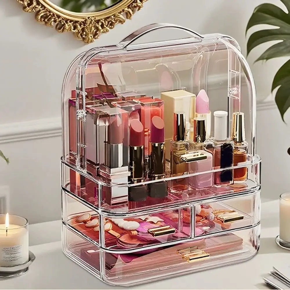 Drawer Style Cosmetics Storage Box with Lid and Handle Clear Skincare Display Cases Dustproof Multilayer Makeup Storage Rack