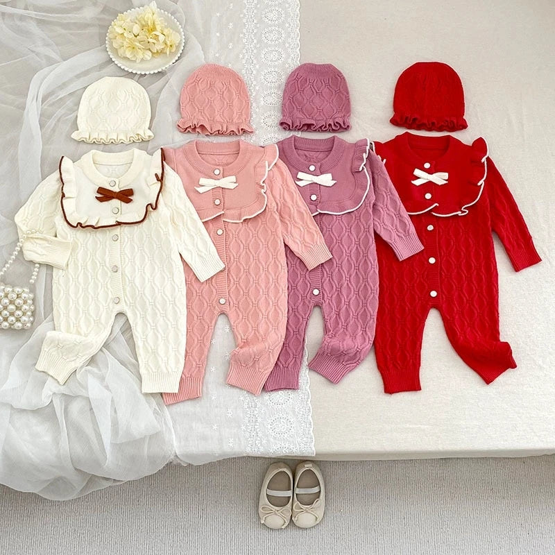 Christmas Baby Rompers Clothes Hat Autumn Winter Knitted Bow Newborn Girls Jumpsuits Fashion Solid Plain Toddler Kids Rompers