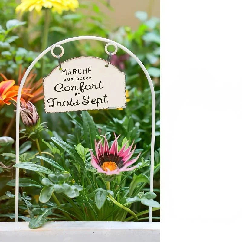 إدراج زهرة قوس الشرفة، وعاء زهور من الحديد المطاوع، ديكور منظر طبيعي للفناء، علامة تسمية النباتات الخارجية للحديقة