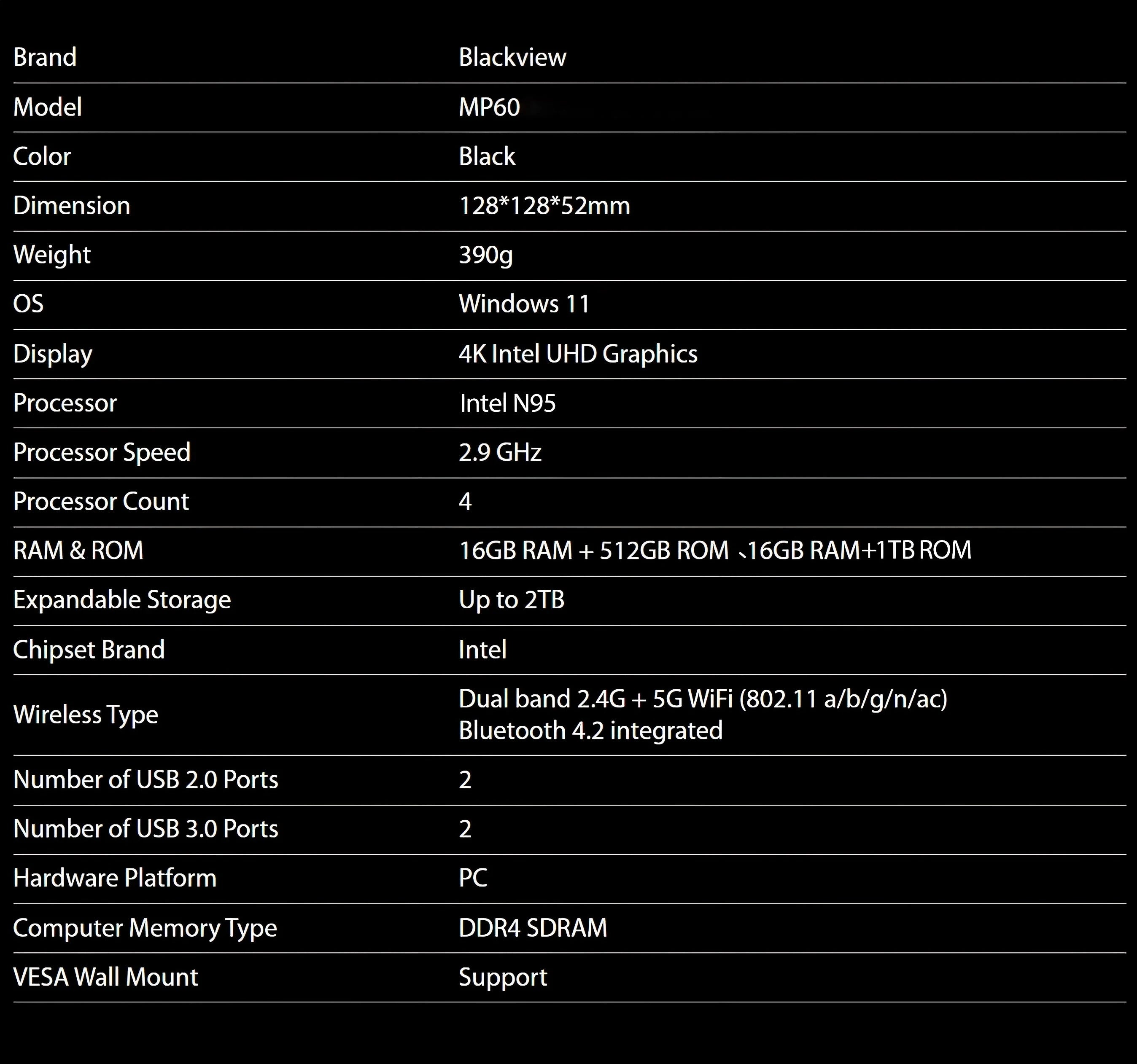 Blackview MP60 NEW Mini PC Windows 11 16GB DDR4/512GB 1TB SSD Ordenador Intel N95 4K HD Doble HDMI Dual-Band 2.4G