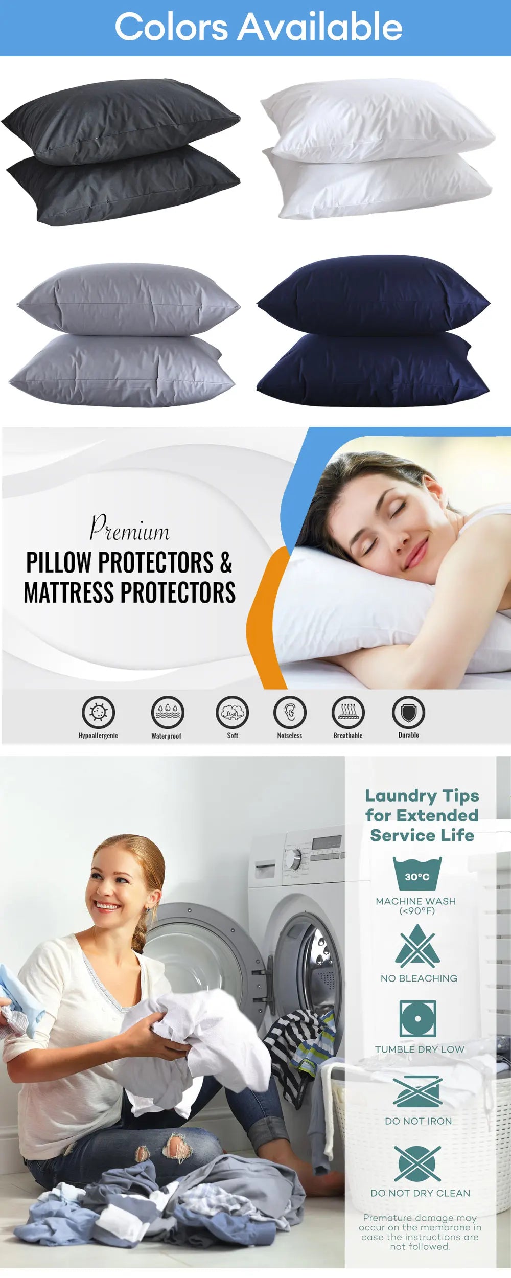 2pcs Solid Waterproof Pillow Protector Bedbug Proof Zipper Pillowcases Microfiber Fabric Pillow Cover