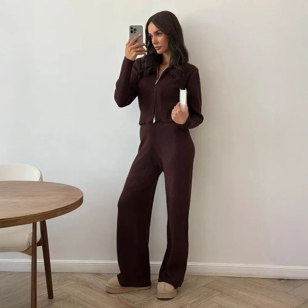 Zipper Front Knitted Long Sve Wide Leg Pants Two Piece Set for Women Autumn Winter Pure Color Faion Ensemble