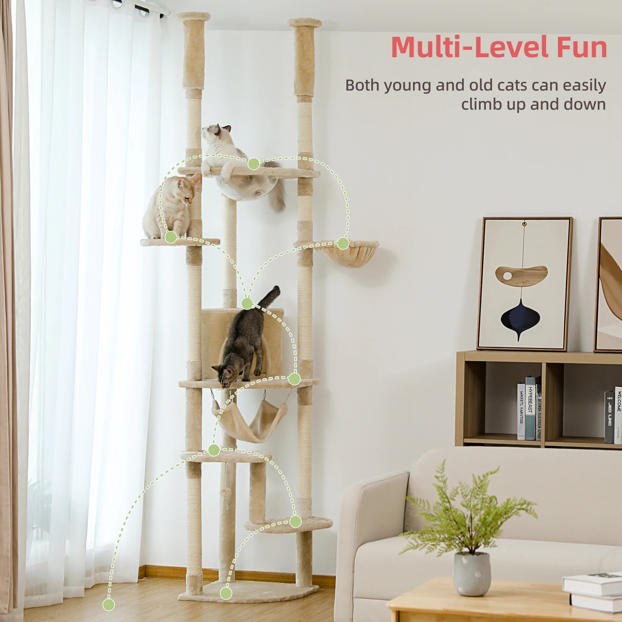 Floor to Ceiling Cat Tree Adjustable Cat Tower Tall Kitty Climbing Play House with Scratching Posts Cozy Condo Perches Hammock