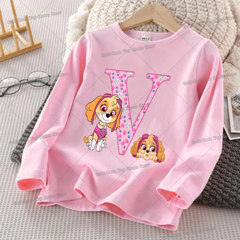 Paw Patrols Skye Letter A-Z T-shirt for Girl Long Sleeve Cotton Tops Cute Cartoon Print Children Tee Autumn Casual Kids Clothes